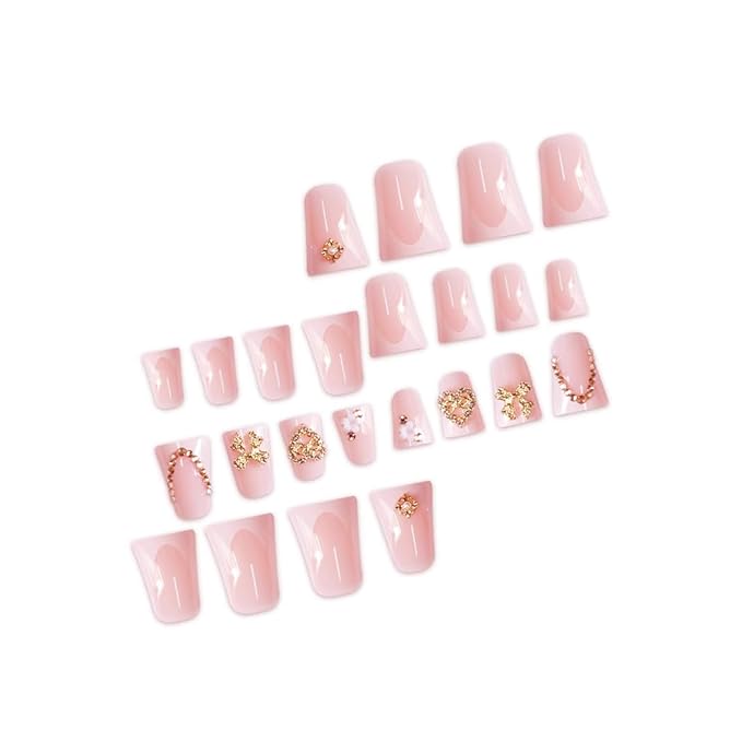 White Press on Nails French Tip Fake Nails Duck False Nail with Charms Design Bow Heart Glue on Nails Glossy Full Cover Artificial Acrylic Nude Stick on Nail for Women Girls Manicure 24Pcs