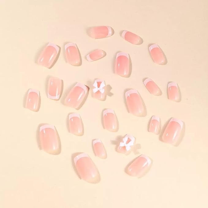 Press on Nails Square - White French Tip Fake Nails with Bow Charms Design - Short False Nails Press ons - for Women 24 Pcs