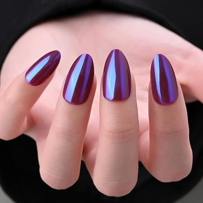 evpct Dark Purple Press on Nails Almond Short, Dark Purple Chrome Glazed Glossy Short Almond Soft Gel Press On Nails with Nail Kit for Women Gift, 15 Sizes 30Pcs Reusable Stick Acrylic Fake Nail Kit