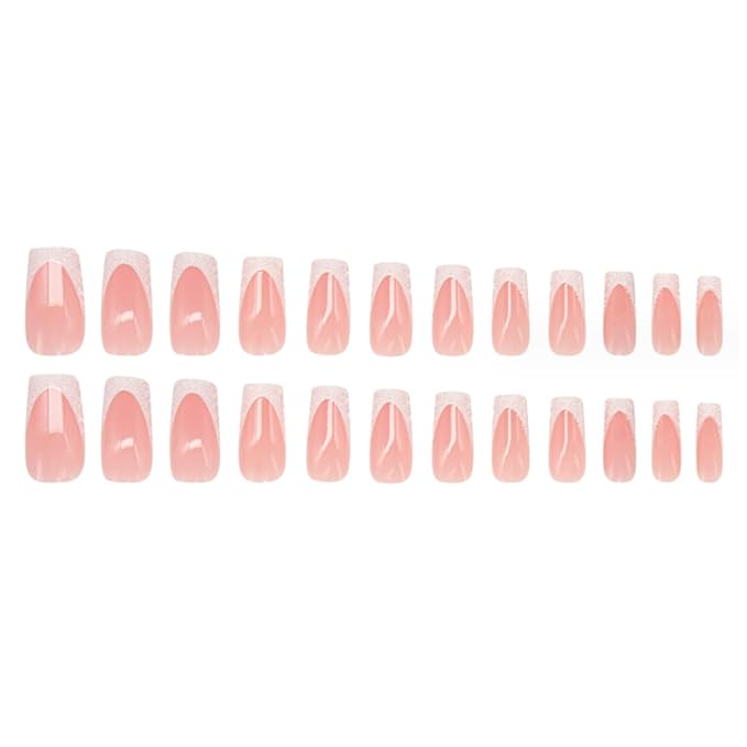 Hkanlre Shiny Square Press on Nails Shiny Fake Nails French Tips Full Cover Medium Pink False Nails for Women and Girls 24PCS