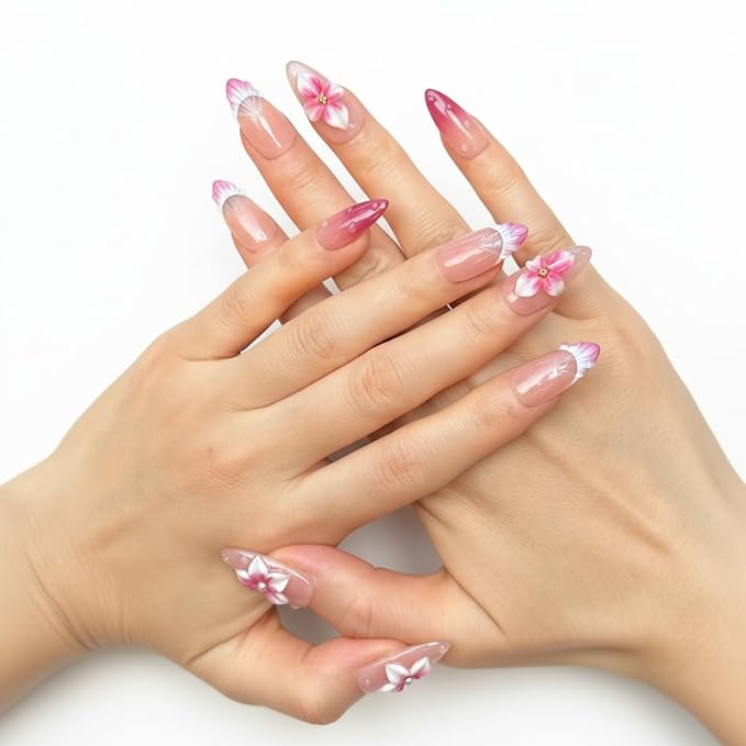 Flower Press on Nails Medium Almond - 3D Water Ripple Pearl False Nails with Floral Embossed French Tip ，Luxury Handmade Nail Art ，Glossy Thick Acrylic Fake Nails (10PCS)