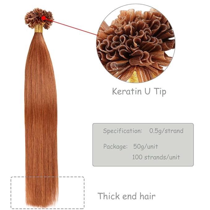 Curlable U-tip Human Hair Extensions 30# Medium Auburn Keratin Nail Tip Hair Extension 100 Strands 0.5g/strands Straight Brazilian Remy Hair 20 Inch (50cm)