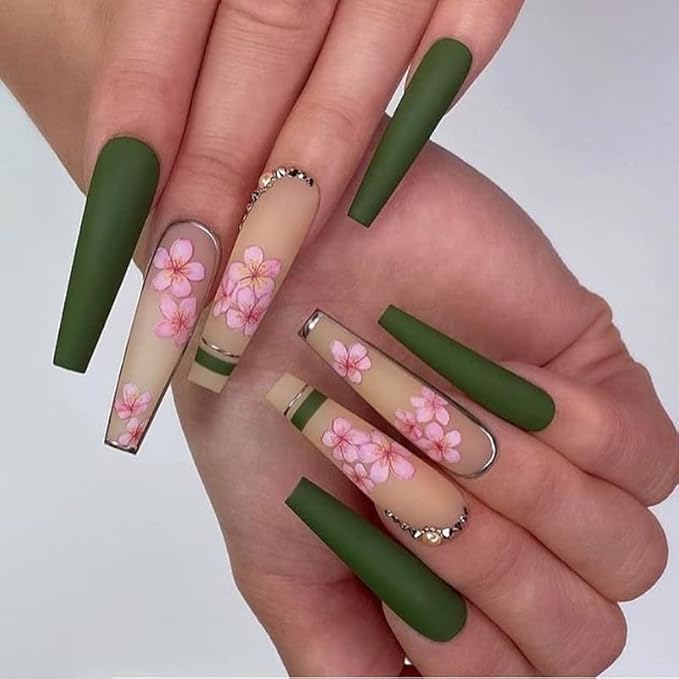 RikView Long Press on Nails Coffin Fake Nails with Flower Design Green Nails for Women and Girls