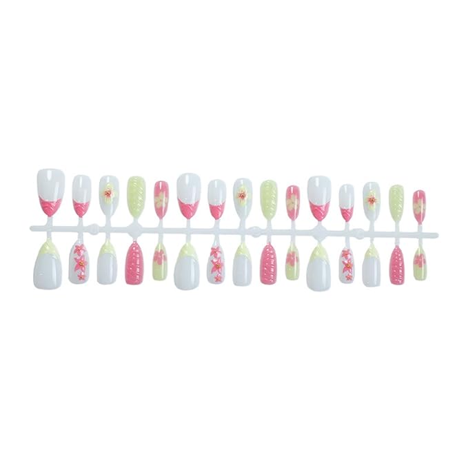 Medium Press on Nails Almond Fake Nails French False Nails Pink Artificial Nails with Floral Designs Acrylic Nail Press ons Cute Stick on Nails for Women 24pcs