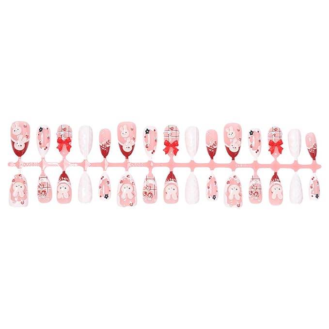 Cute Press on Nails Medium French Tip Fake Nails with 3D Bow Acrylic Nails Bunny Glue on Nails Strawberry Flower Design Almond False Nails Full Cover Pink Artificial Nail Handmade Stick on Nails 30Pcs