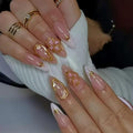 Flower Press on Nails Medium Almond Fake Nails French Tip False Nails Spring Floral Glossy Full Cover Acrylic Glue on Nail Cute Artificial Stick on Nail for Women Manicure Decoration 24Pcs