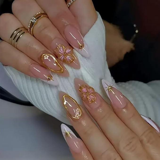 Flower Press on Nails Medium Almond Fake Nails French Tip False Nails Spring Floral Glossy Full Cover Acrylic Glue on Nail Cute Artificial Stick on Nail for Women Manicure Decoration 24Pcs