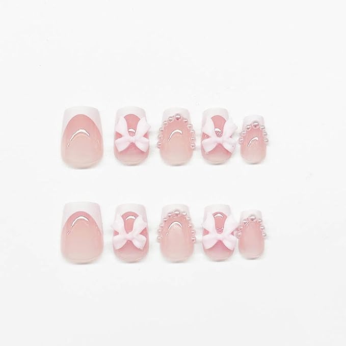 White French tips Press on Nails Short Square Fake Nails with 3D Bow Charms Design Pearl Glue on Nails Glossy False Nail tips Reusable Spring Nails for Women Girls Manicure 24pcs