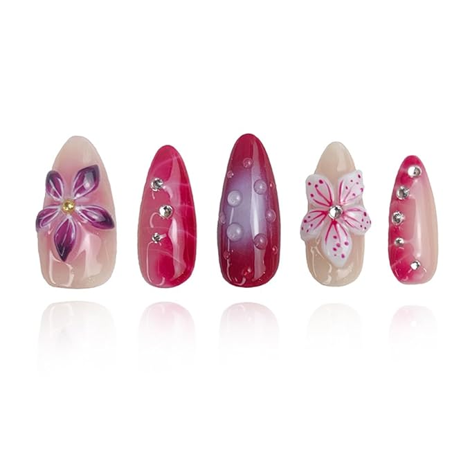2025 Crimson Bloom Red Gradient Floral Press-On Nails Handmade PMMA Acrylic Reusable Tips with Box Gifts for Women (Crimson Bloom, M)
