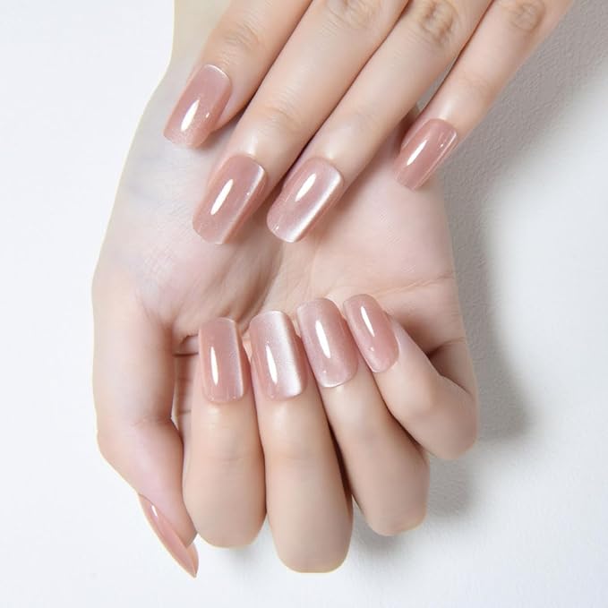 Cat Eye Nude Press On Nails Medium Long Length Square, Designer Reusable Acrylic Fake Nail with Glue, Glossy Gel Nails Wedding Party, Stick On Glue On Nail, Nails Press Ons for Women