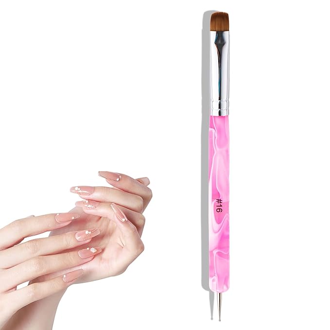 French Manicure Brush - 2 Way Nail Art Brush with Dotting Tool for Manicure Cuticle Clean Up - Professional Salon Quality, Nail Dotting Pen (Peach, 16#)