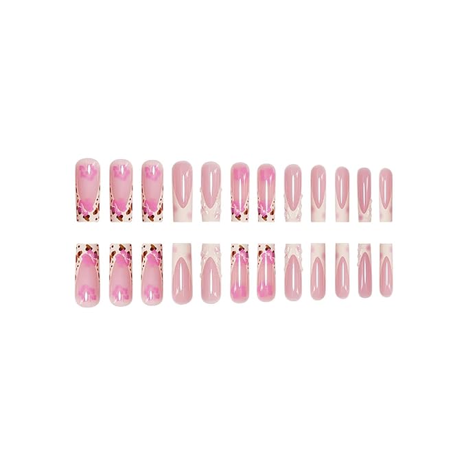Press on Nails Coffin Long Length Acrylic Glossy Full Cover Square Shaped French False Nails with Designs Artificial Extra Long Fake Nails with Charms Glue ons Fingernails for Women(C140)