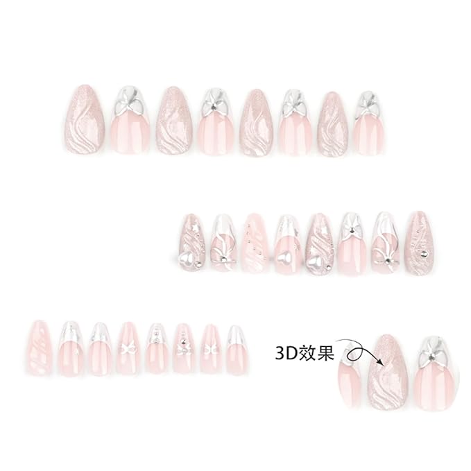 Hkanlre Cute Press on Nails Silver Fake Medium Nails Tips Full Cover Almond French False Nails for Women and Girls 24PCS