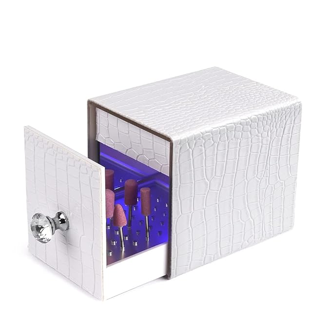 Yokilly Nail Drill Bit Holder,Blue UV Light Box for Grinding Heads Dustproof Stand Displayer Acrylic 48 Holes Nail Salon Organizers Manicure Tools with USB Charging(Not Inlcude Drill Bits)
