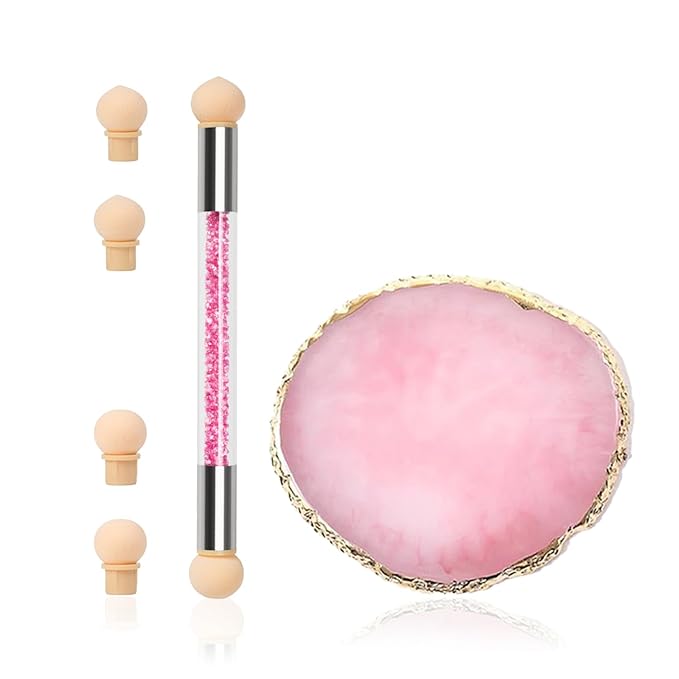 Resin Nail Art Palette and UV Gel Gradient Sponges Pens with 4 Pcs Replacement Head, Nail Sponges for Ombre Double Head Brush for Nail Art Manicure DIY Tools(Pink)
