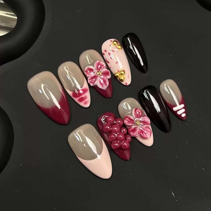 10Pcs Handmade Press On Nails Medium Almond Fake Nails 3D Flower With Small Steel Ball Design French Tip False Nails Full Cover Artificial Glossy Stick On Nail For Women(SIZE:Large)