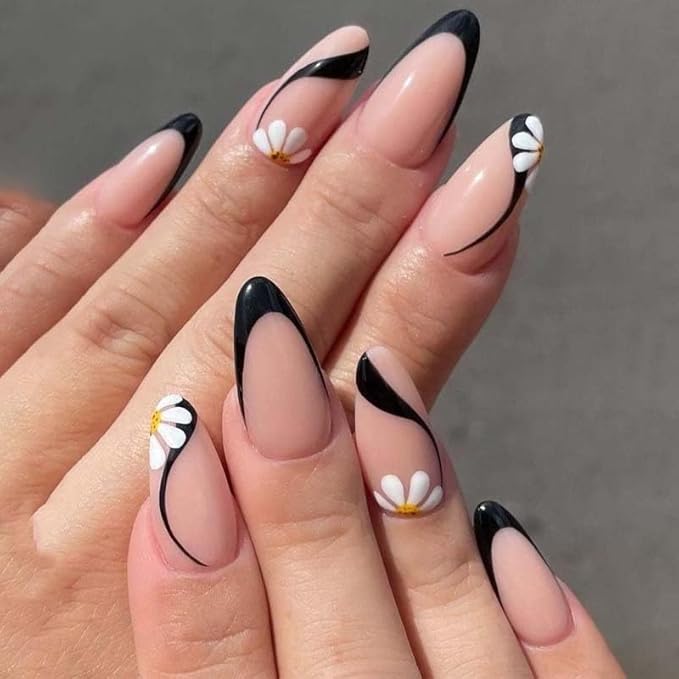 Black French Tip Press on Nails Medium Almond Fake Nails Full Cover False Nails White Daisy Flower Glue on Nails Glossy Acrylic Nail Black Line Stick on Nail for Women Girls 24Pcs
