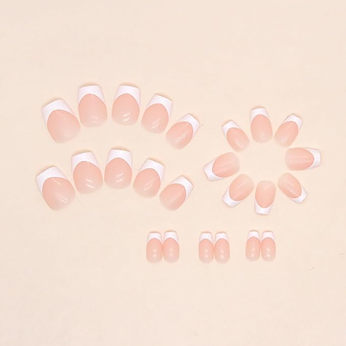 Extra Short Square French Tip Fake Nails White Full Cover Glue on False Cute Acrylic Press on Handmade Stick on Artificial Nails for Women Girls 24Pcs