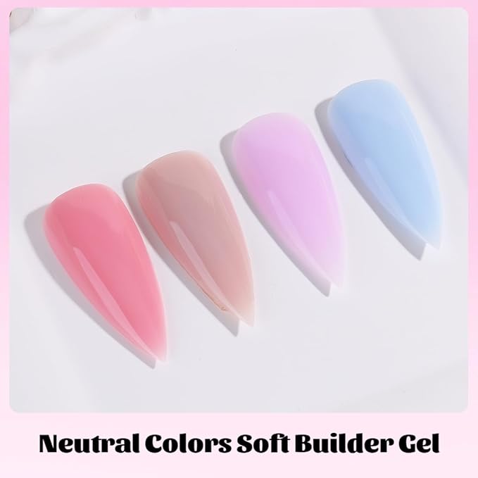 Builder Gel for Nails, 4 Colors Thickening Builder Nail Gel Pink Violet Baby Blue Camouflage Apex Building Nail Strengthener Gels Kit with Brush Pen Dual Forms UV Curing Extension Manicure