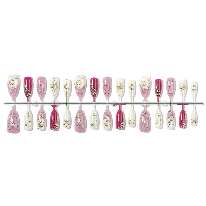 30Pcs Almond Press on Nails Medium French Tip Fake Nails with Moon Star Rhinestone Design Bohemian Artificial Acrylic Nails Full Cover Glitter Pink False Nails 3D Gold Chrome Glue on Nails for Women