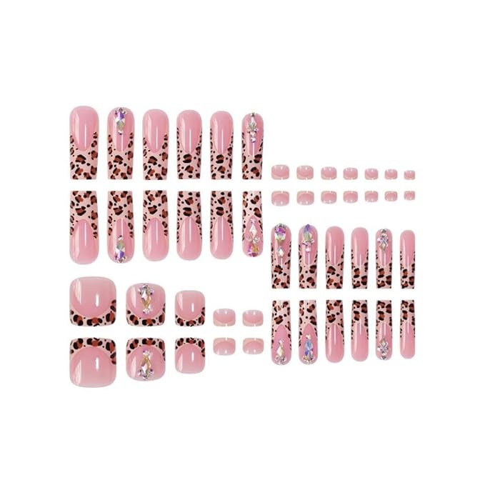Pink French Tips Press on Toenails Leopard Press on Nails Long Square False Nails with Rhinestones Design Diamond Fake Toenails Glossy Reusable Summer Fake Nails for Women Girls DIY Manicure 48Pcs