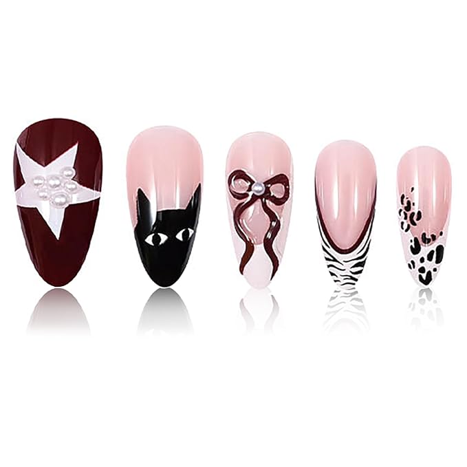 Press on Nails Long Almond MABKJLF French Tip Fake Nails False Nails with Stars Bow Leopard Print Zebra Print Pearls Designs Glossy Glue on Nail Full Cover Acrylic Nails for Women Girls 24Pcs