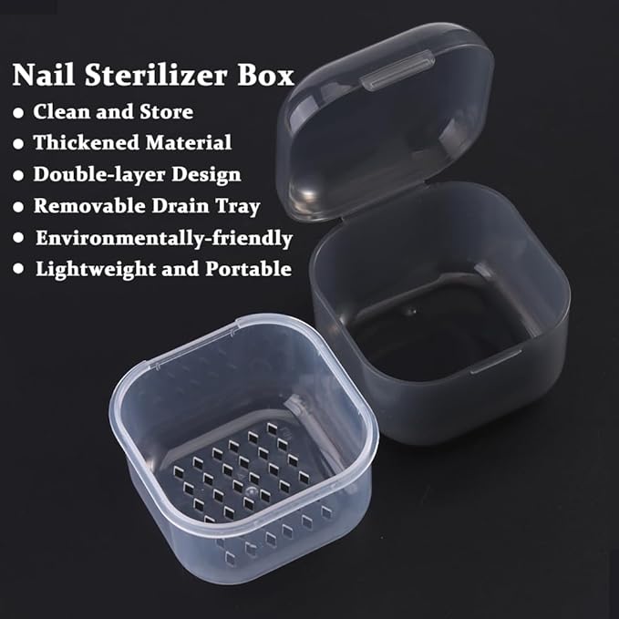 Nail Tool Sterilizer Box Plastic Disinfectant Container for Nail Art Accessories Tools, Portable Nail Drill Bits Cleaning Case Sterilizer Soaking Box with Strainer Pedicure Manicure Equipment