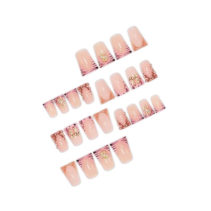 Bow Press on Nails French Tip Fake Nails Pink Glue on Nail with Charms Design Rhinestone False Nail Glossy Full Cover Artificial Acrylic Stick on Nails for Women Girls Manicure 24Pcs