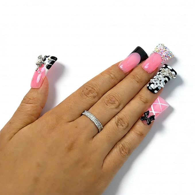 10 Pieces Luxury Acrylic Press On Nails Long Handmade Duck Nails, Black Thickened False French Nails, With 3D Bowknot And Stars, Reusable Fake Nails, Acrylic Nails (S)