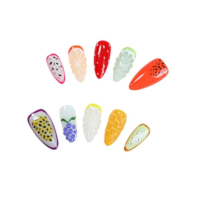 Handmade Fruit Press on Nails Luxury Thick Medium Almond Fake Nails with Lemon Grape Mango Pattern Design Muti-Layer Gel Spring Summer Fruit False Nails Full Cover Acrylic Nails for Women (Size M)