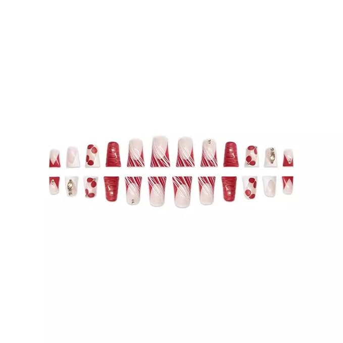 Red Press on Nails Flower Fake Nails Duck Nail Press ons with Diamond Design French Tip Glue on Nails Reusable Artificial Acrylic Glossy Full Cover Stick on Nail for Women Manicure 24Pcs