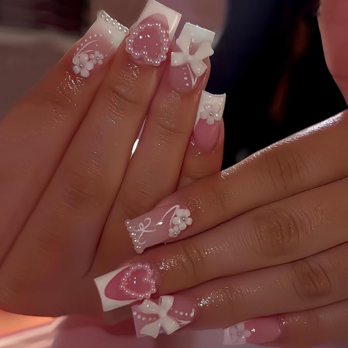Press on Nails Square - Medium Fake Nails with Flower Bow Design - Heart, White French Tip False Nails for Women - 24 Pcs