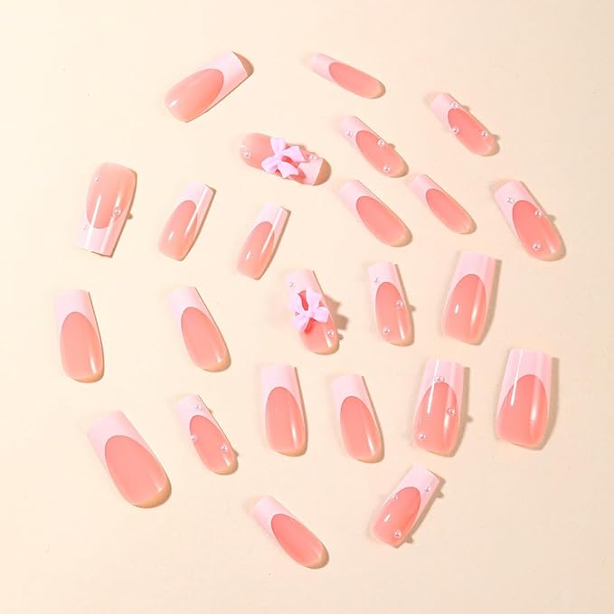 Medium Press on Nails Square - White French Tip Fake Nails with Bow Charms Design - Cute False Nails Press ons - for Women 24 Pcs
