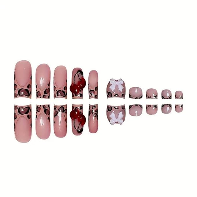 Leopard French Tip Press on Toenails Pink Press on Nails Medium Square Fake Nails with 5D Pink Bow Charms Design Glossy Skin Tones Fake Toenails 3D Cherry False Nails for Women DIY Manicure 48Pcs