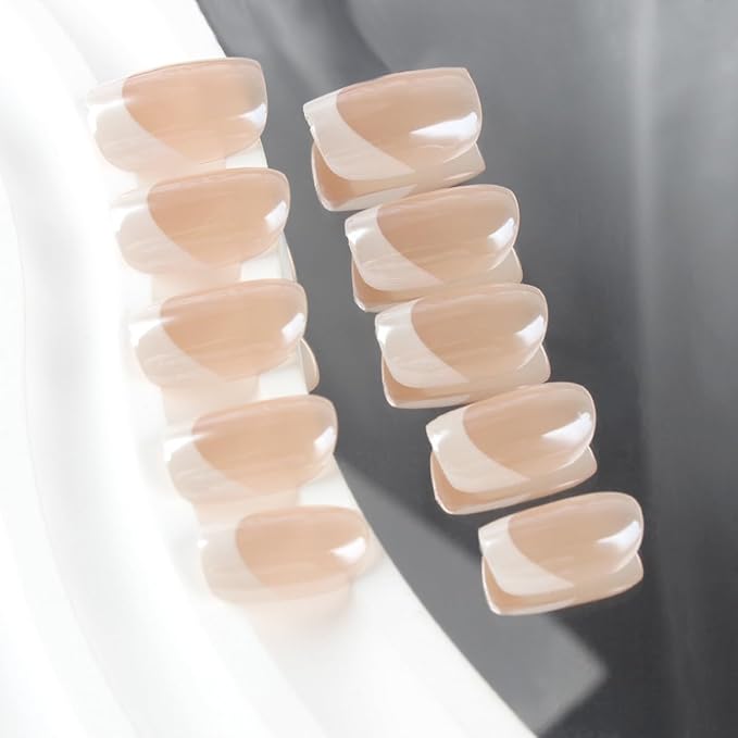 Short Square Press on Nails French Tip Fake Nails Chrome False Nails Press ons with Design Full Cover Glossy Glue on Nail Stick on Nails for Women Manicure,Reusable | Easy Apply | Acrylic | 30 Pcs