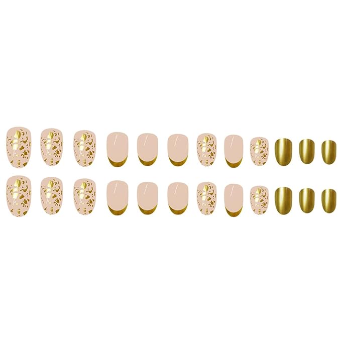 Gold French Tip Press on Nails Short Almond Fake Nails Glitter Foils Designs Glossy Glue on Nails Almond Shape Full Cover Nails Tips False Nails Reusable Artificial Acrylic Nails for Women Girls 24Pcs