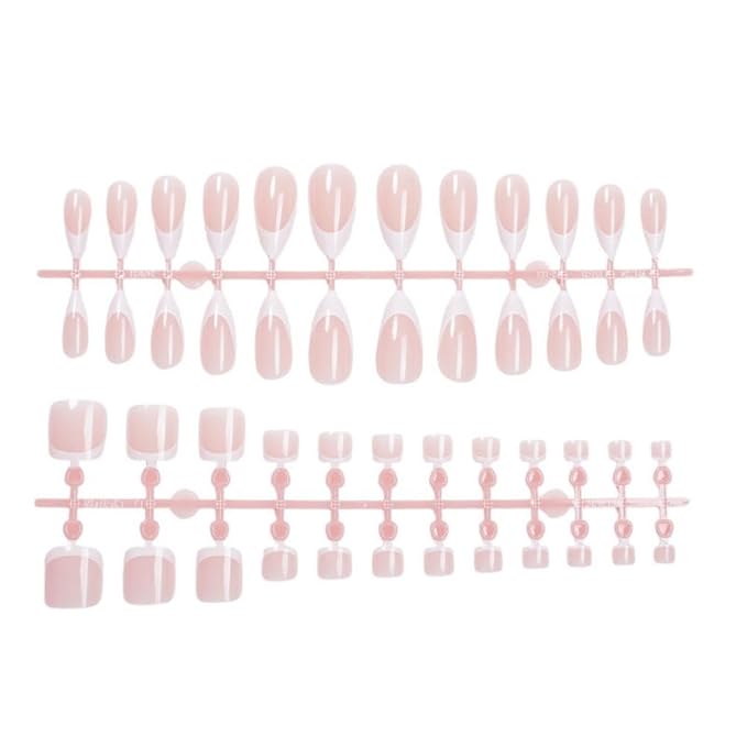 48Pcs White French Tips Press on Toenails Light Pink Press on Nails Medium Almond False Nails with Designs Nude Pink Fake Toenails Glossy Reusable Summer Fake Toenails for Women Girls DIY Manicure