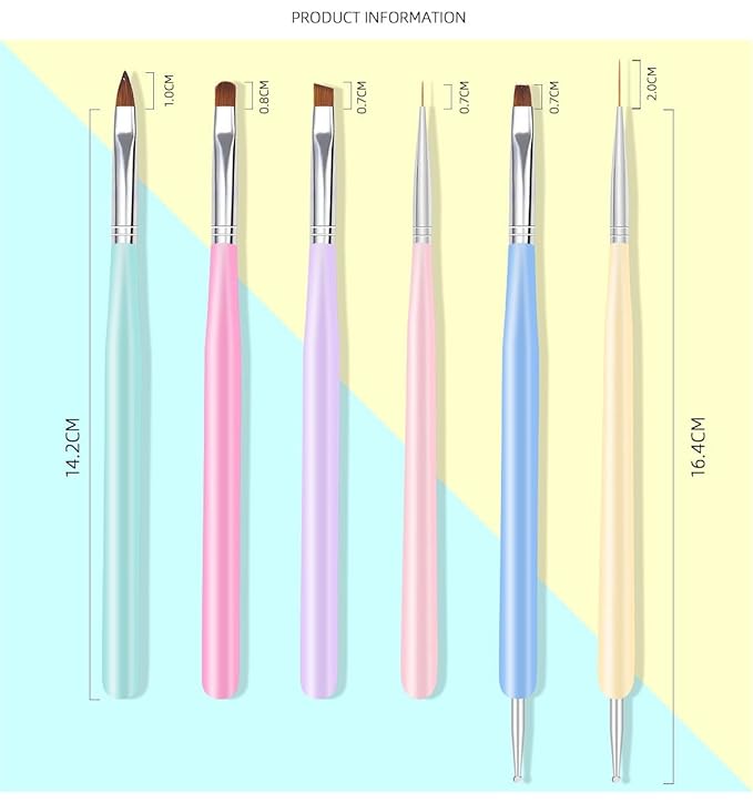 Nail Art Brushes, 6Pcs Nail Art Painting Tools with Nail Art Fine Liner Brush, Nail Design Painting Brushes Set, Builder Gel Brush, Nail Dotting Pen for Gel Polish Manicure Salon DIY, Multicolor