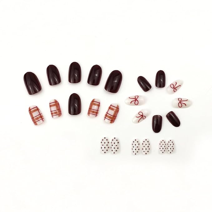 Fall Winter Press on Nails Short Oval Fake Nails Press ons with Plaid,Bow,Polka Dots Design Full Cover Stick on Nails for Women Manicure,Reusable | Artificial | Nail Sticky Tabs | Easy Apply | 24Pcs