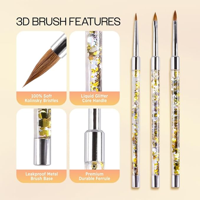 PANA 3D Kolinsky Nail Art Brush - Gold Glitter Handle, Size 2 - Acrylic Nail Art Sculpture Brush for Manicures Pedicure Salon Professional or Beginner