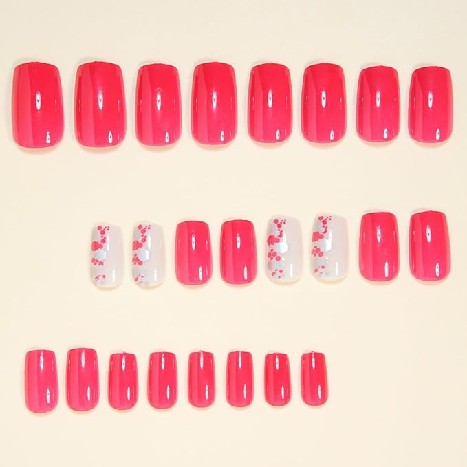 Rose Red Short Press on Nails Square Fake Nails with Designs Full Cover Glossy False Nails Artificial Acrylic Nail Press ons Reusable Short Nails Pink Glue on Nail for Women Manicure Kit 24Pcs