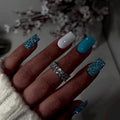 Blue Press on Nails Medium Square Fake Nails Glitter Nails Press ons with Design Reusable Artificial Nail Glossy Full Cover Glue on Nail Stick on Nails for Women Manicure 24Pcs