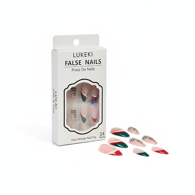 Press On Nails Almond Christmas, French Tip Press on Nails Short, Glue On Nails for Women Gift, Supremely Fit Natural Reusable Stick On Nails in 12 Sizes -24 Fake Nails Kit, Wave Christmas Tree