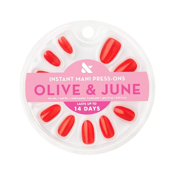 Olive & June Instant Mani Press-On Nails (Glue) | 42 Fake Nails, 21 Sizes | Non-Toxic, Long-Lasting Recycled Materials Realistic Look | Salon-Quality at Home | Medium, Almond | Lava