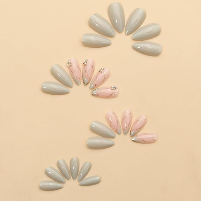 Almond Press on Nails Medium - Green Fake Nails with Gold Line Design - Full Cover Stick on False Nails for Women 24 Pcs