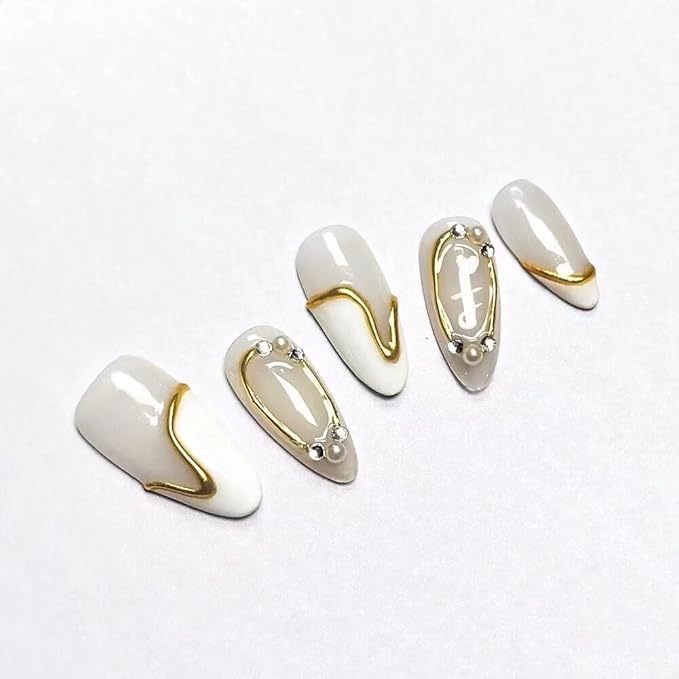 Women Press On Nails - Medium Almond False Nails 10Pcs Luxury Handmade 3D Painting Art ABS Acrylic Artificial-Medium Size
