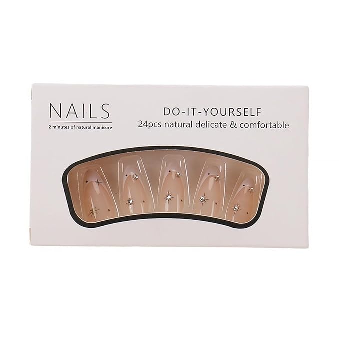 Star Rhinestones Press on Nails Medium Almond White Tips Glossy False Nails Stick on Design Full Cover Artificial Glue on for Women Girls DIY Art Decoration 24pcs