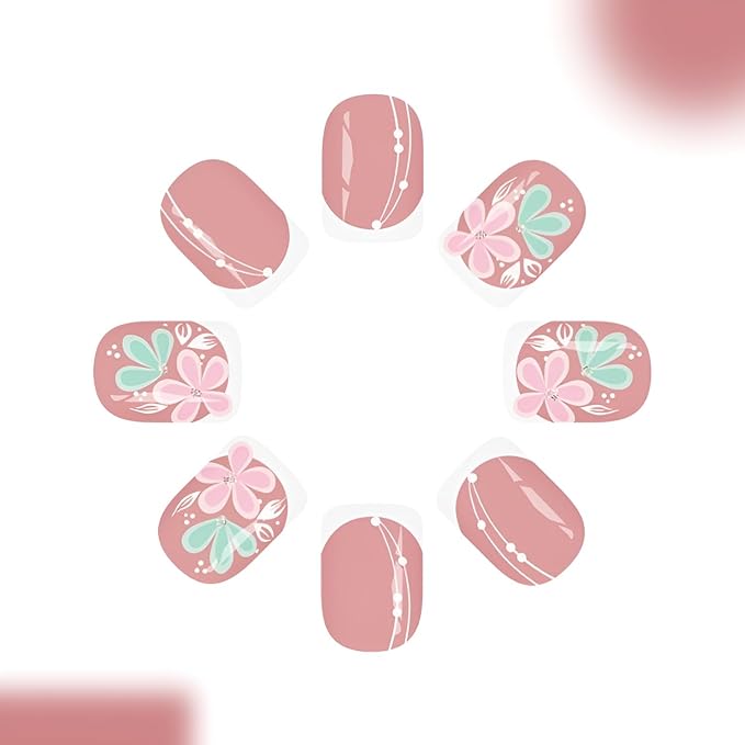 24Pcs Flower Press on Nails Short Square Fake Nails White French Tip Nails Press Ons Summer Spring Glue on Nail Glossy Full Cover False Nails Flower Stick on Nail for Women Decorations 24Pcs
