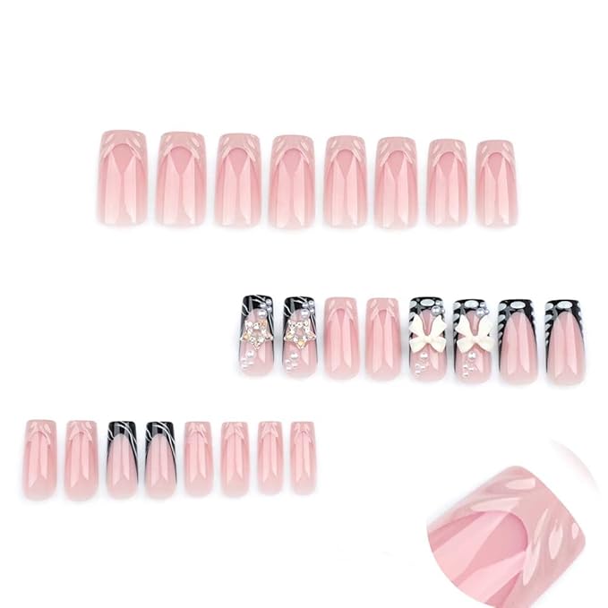 Press on Nails Medium Long Rhinestone Pink Fake Nails Square Pearl Bling Glossy 3D False Nail Tips Black Artificial Nails Finger Manicure for Women and Girls,24pcs