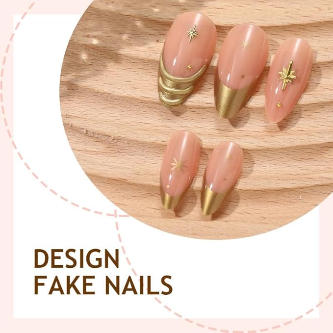 Almond Press on Nails Medium Fake Nails Gold French Tips False Nails Star Stripe Glue on Acrylic Nails Nude Glossy full Cover Stick on Nail for Women Girls 24Pcs